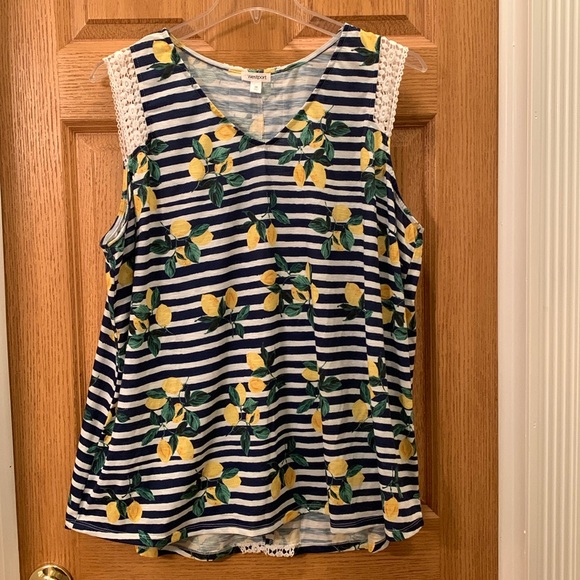 Westport Tops - Westport Sleeveless Blue & White Striped Shirt with Clusters of Lemons